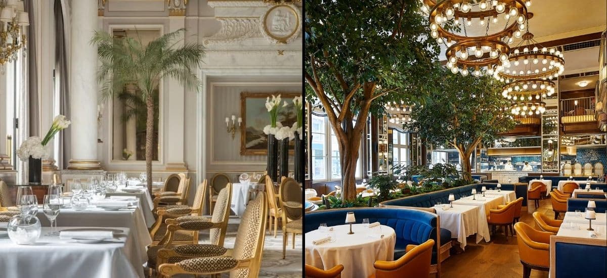 two perfectly appointed restaurant dining rooms in luxury hotels