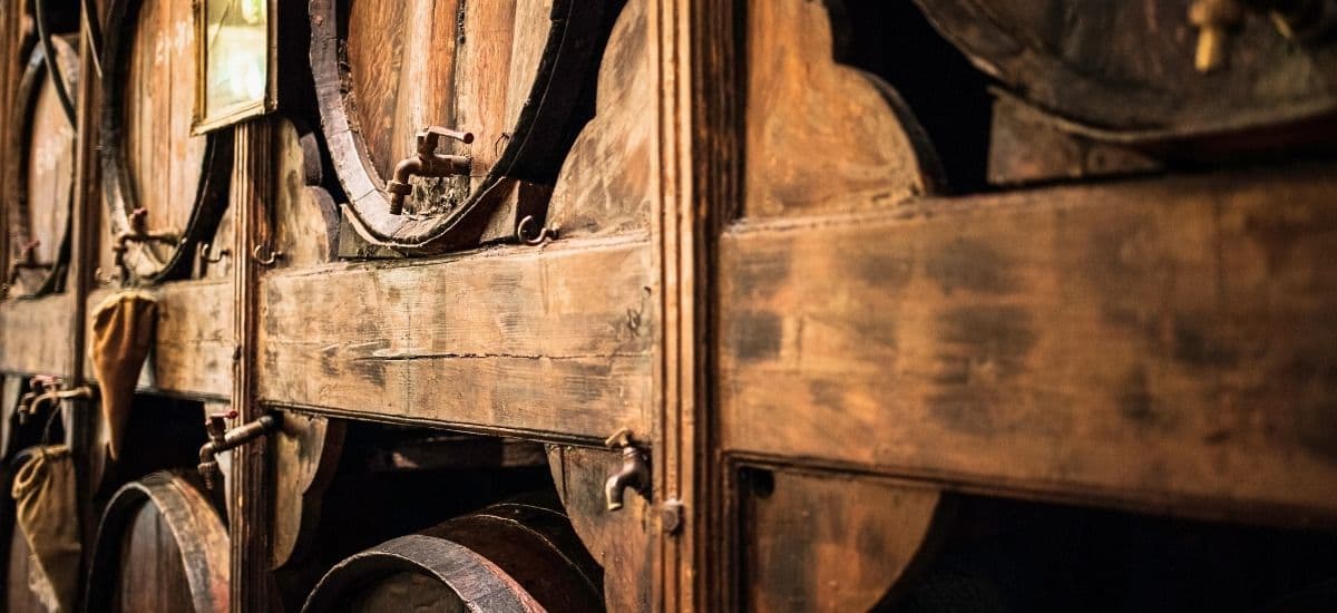 whiskey aging in wood barrels