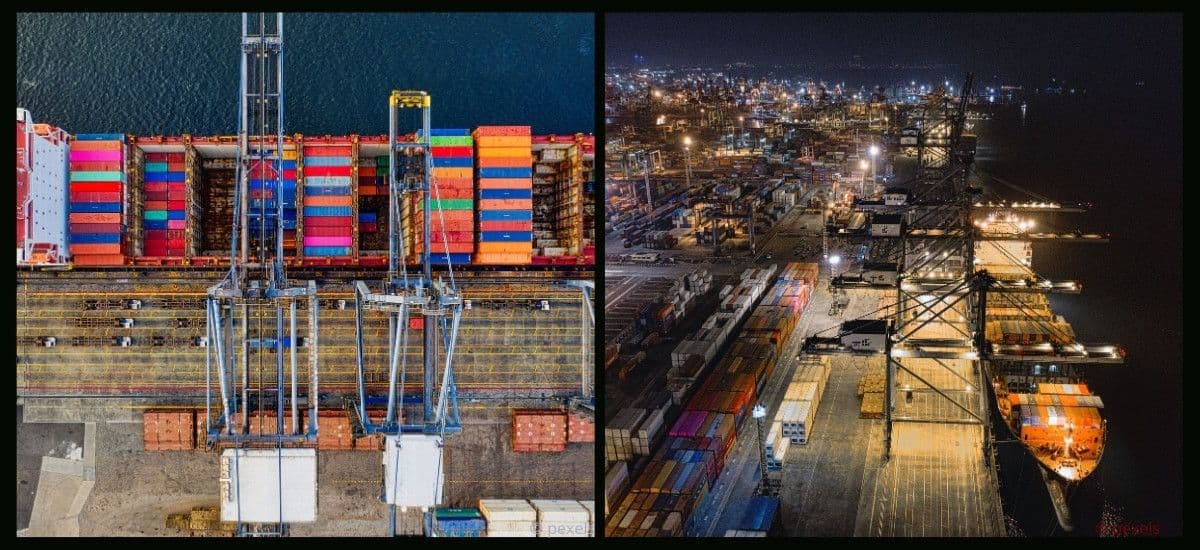 shipping goods via large container ships shown here